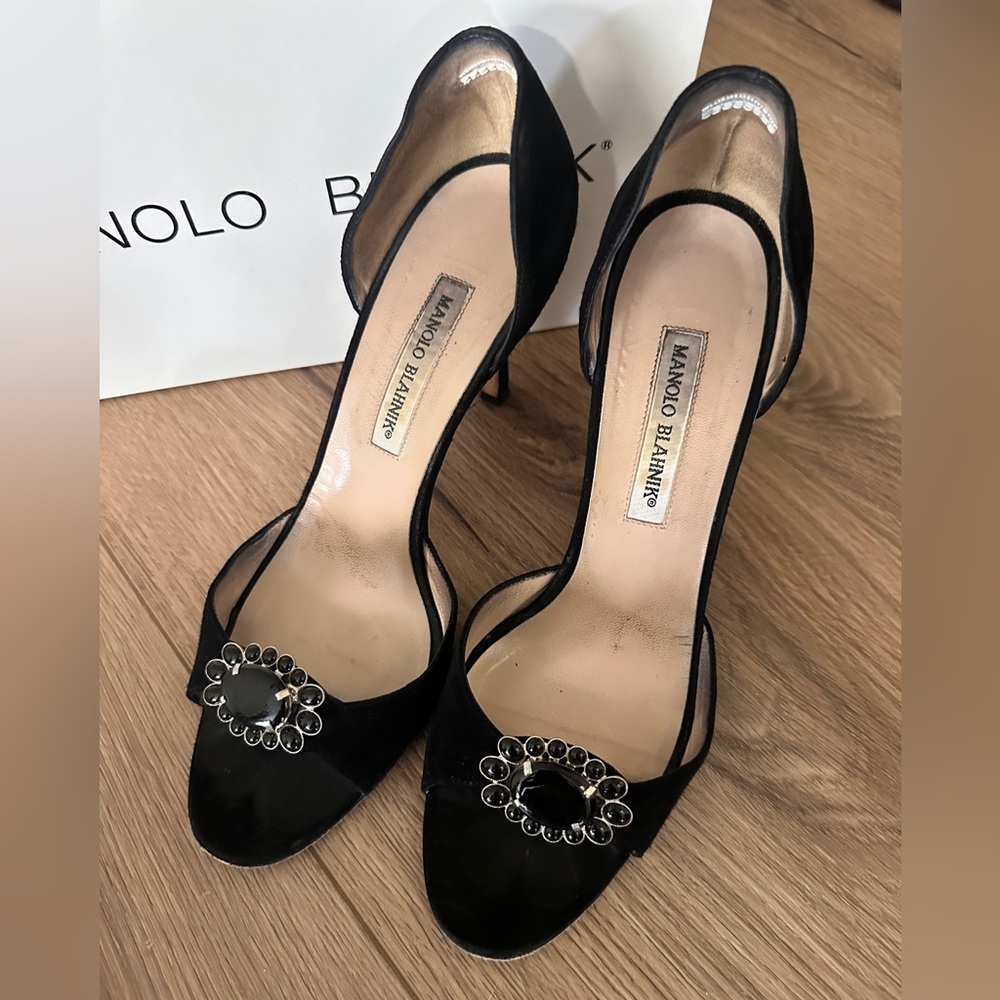 Manolo Blahnik Jezydo Black Suede Open-Toe Heels with Jewels Sz 9